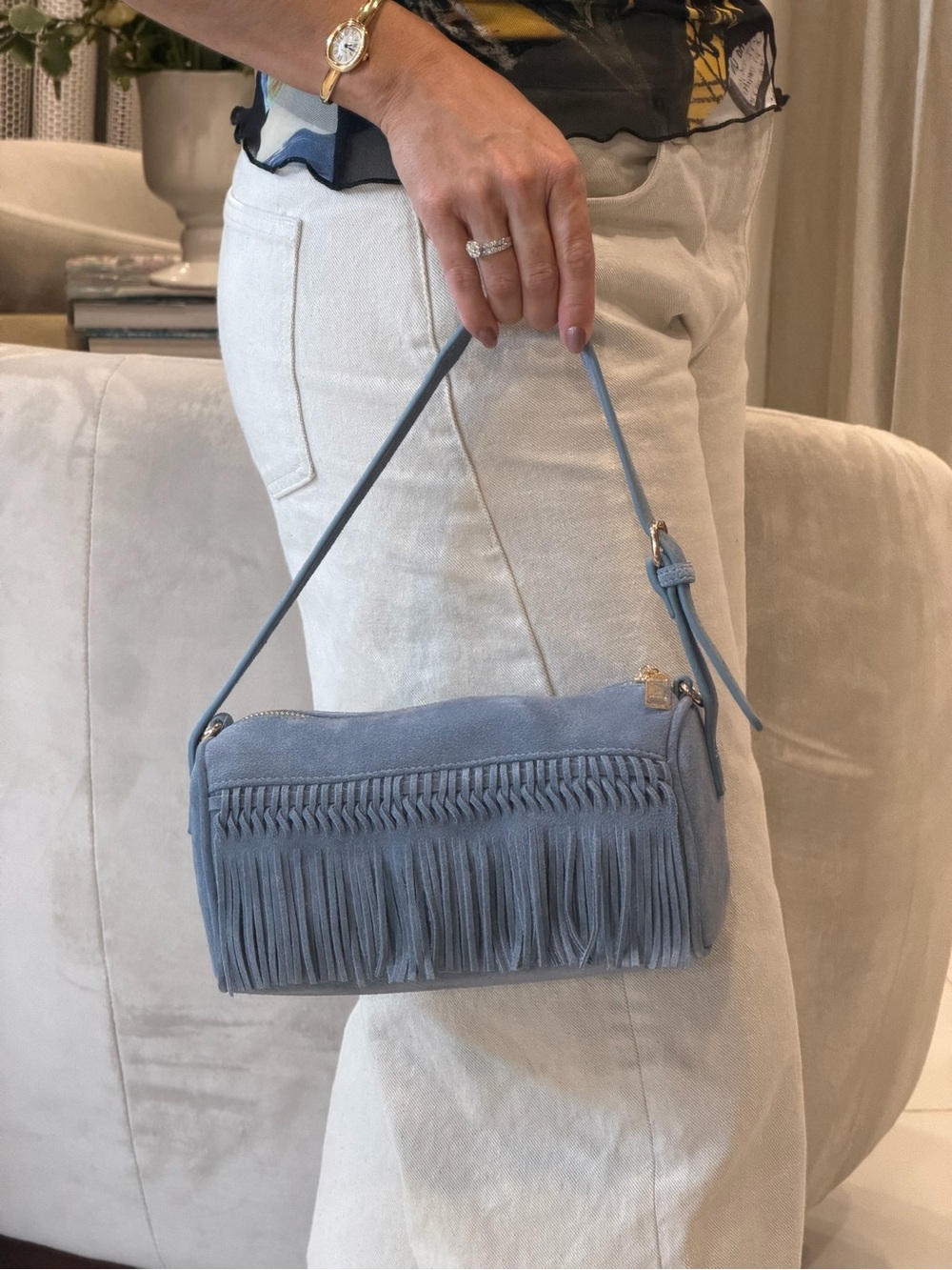 Moda Luxe Light Blue Suede Fringe Shoulder Bag